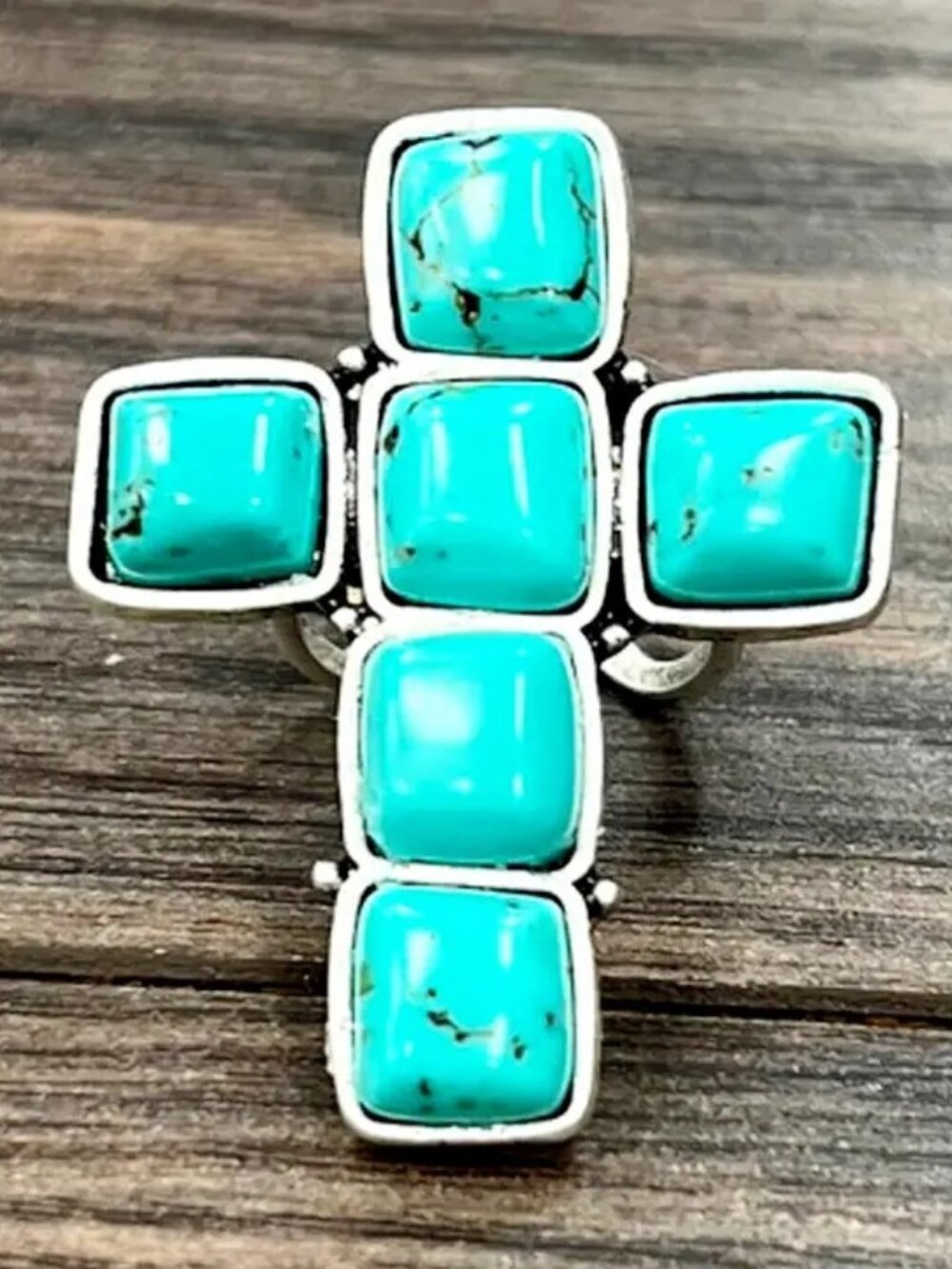 Western Turquoise Cross Statement Ring Adjustable Southwestern Boho Rodeo Ring
